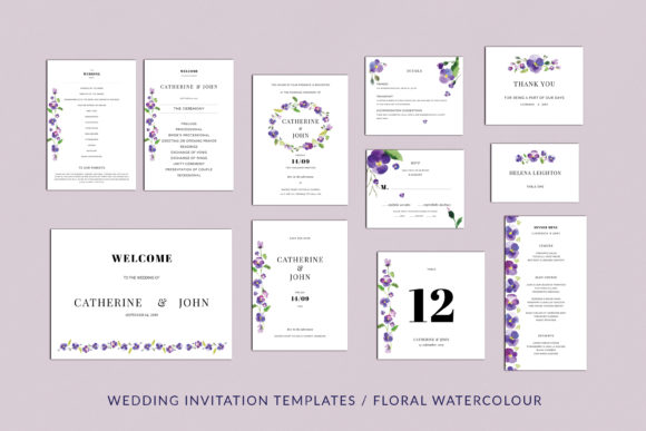 Pansies Wedding Invitation Suite Print Templates