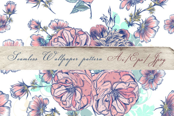 Vector Pattern Drawn Roses and Cosmos
